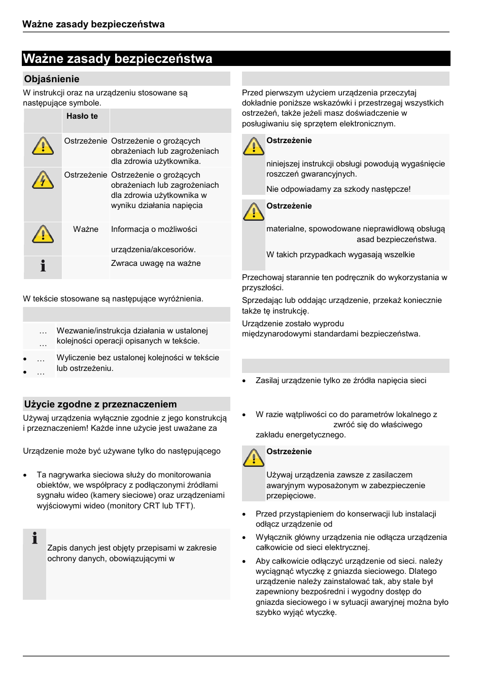 Ważne zasady bezpieczeństwa, Objaśnienie symboli, Użycie zgodne z przeznaczeniem | Ogólne informacje, Zasilanie elektryczne | ABUS TVVR60021 User Manual | Page 336 / 394