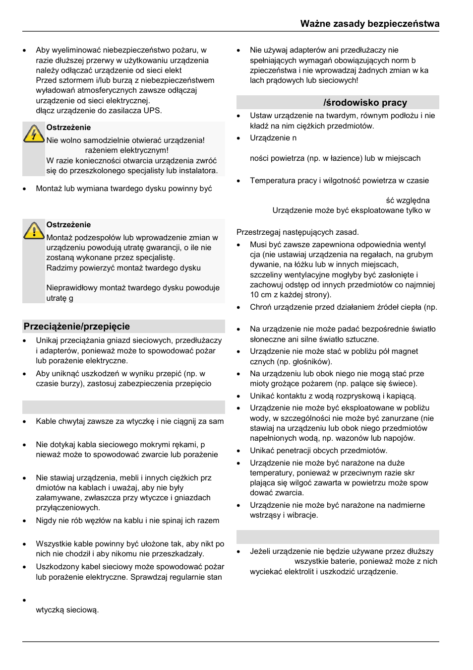 Ważne zasady bezpieczeństwa, Przeciążenie/przepięcie, Kable | Miejsce ustawienia /środowisko pracy, Pilot | ABUS TVVR60021 User Manual | Page 337 / 394