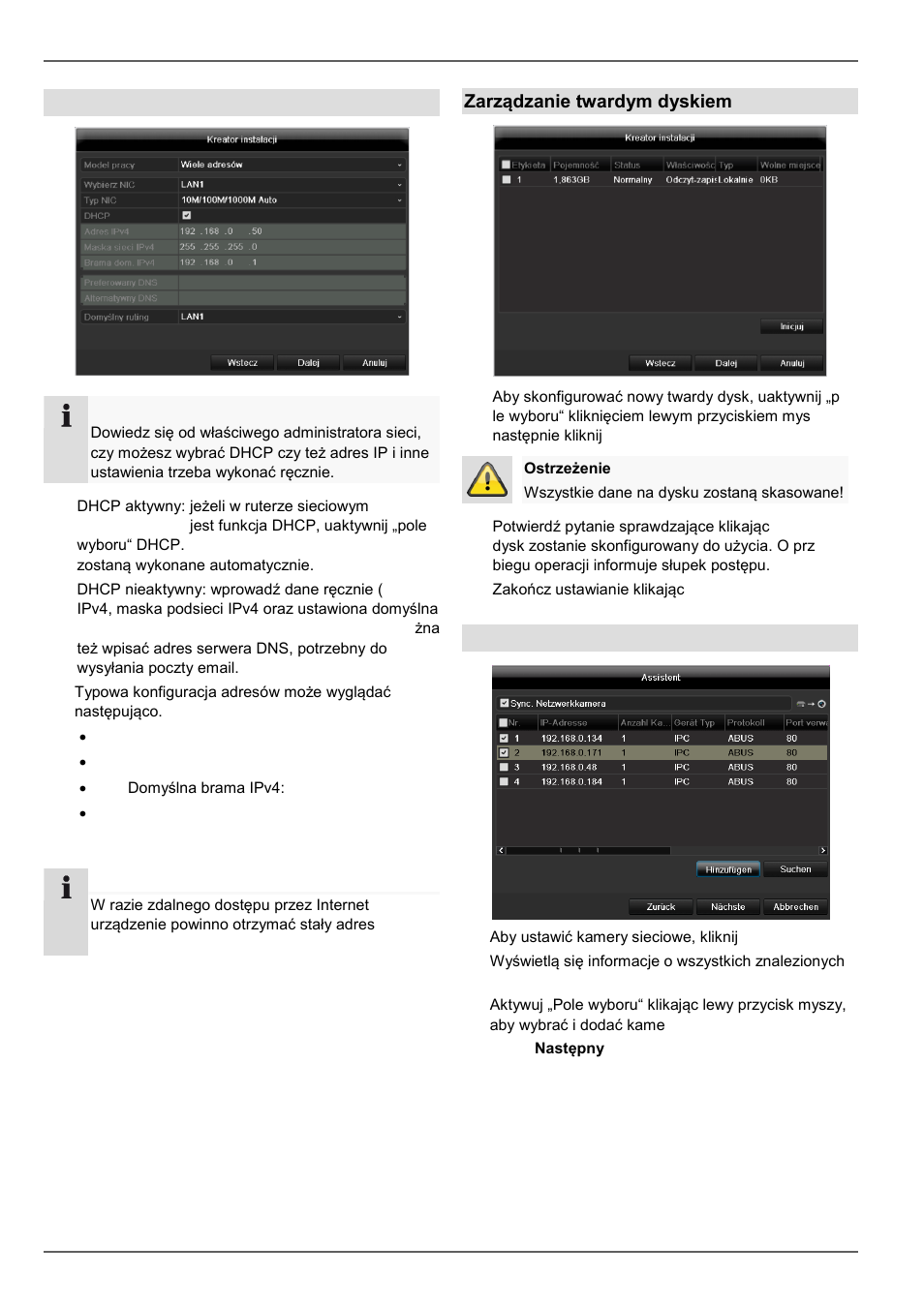 Asystent konfiguracji, Ustawienia sieci, Zarządzanie twardym dyskiem | Ustawianie kamer sieciowych | ABUS TVVR60021 User Manual | Page 347 / 394