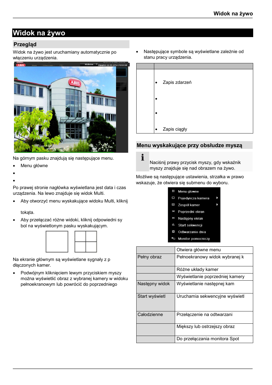 Symbole stanu, Widok na żywo, Przegląd | Menu wyskakujące przy obsłudze myszą | ABUS TVVR60021 User Manual | Page 349 / 394