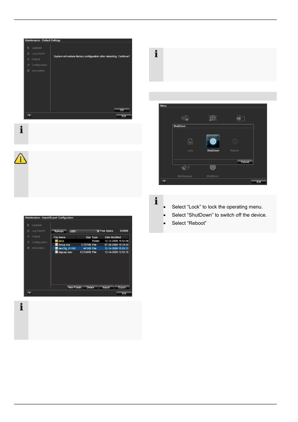 Default settings, Import / export configuration, Information | Device menu, Shutdown | ABUS TVVR20001 User Manual | Page 106 / 313