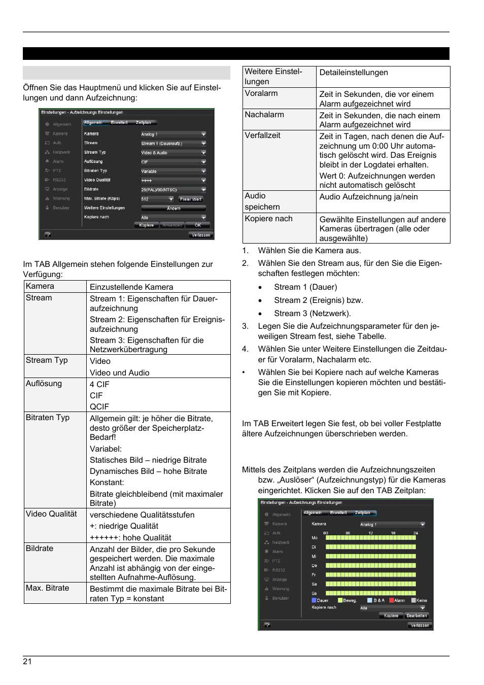 Aufzeichnung, Allgemeine einstellungen, Erweiterte einstellung | Zeitplan | ABUS TVVR20001 User Manual | Page 21 / 313