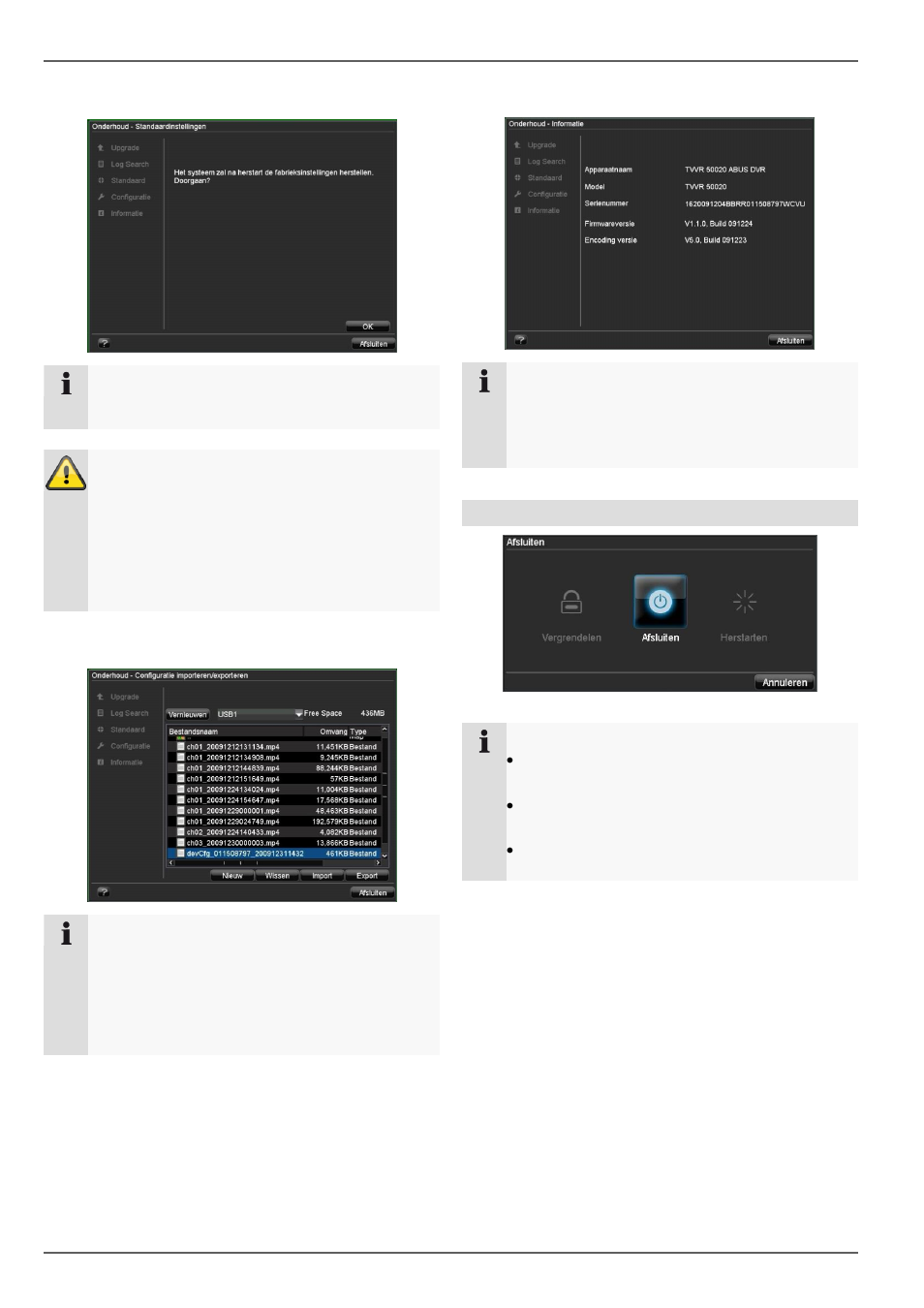 Systeemreset uitvoeren, Configuratie im-/exporteren, Informatie | Hoofdmenu, Afsluiten | ABUS TVVR20001 User Manual | Page 229 / 313