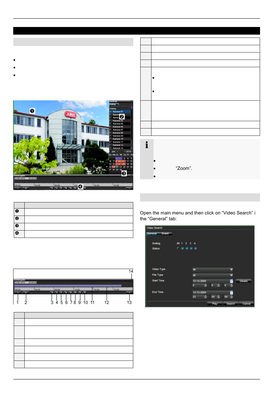 Playback screen, Using the control panel, Playback | General information, Playback through video search | ABUS TVVR20001 User Manual | Page 85 / 313