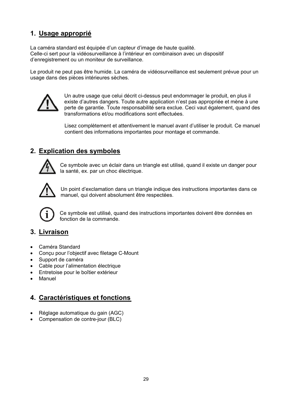 Usage approprié, Explication des symboles, Livraison | Caractéristiques et fonctions | ABUS TVCC20000-TVCC20541 User Manual | Page 29 / 58