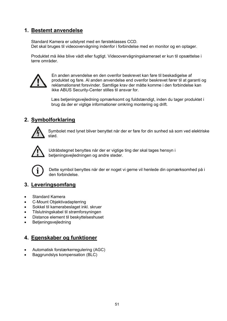 Bestemt anvendelse, Symbolforklaring, Leveringsomfang | Egenskaber og funktioner | ABUS TVCC20000-TVCC20541 User Manual | Page 51 / 58