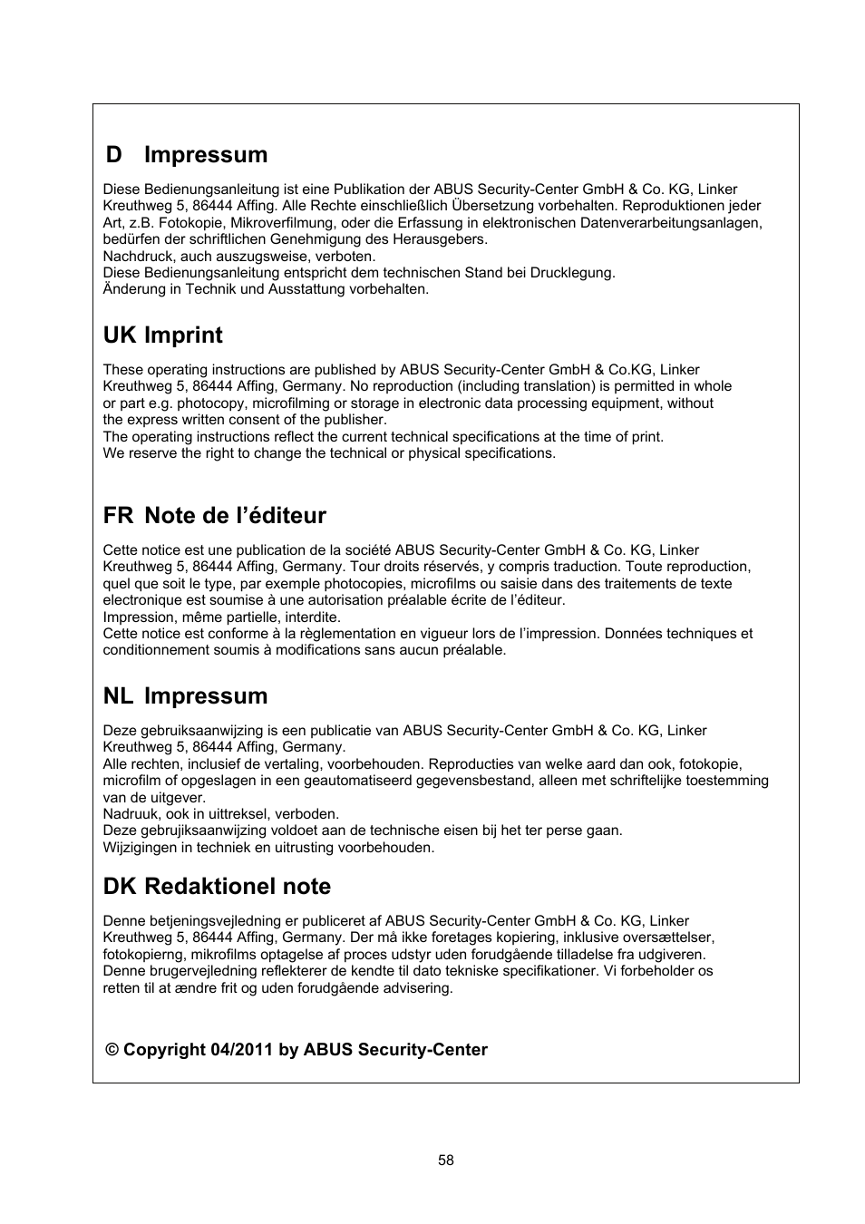 D impressum, Uk imprint, Nl impressum | ABUS TVCC20000-TVCC20541 User Manual | Page 58 / 58