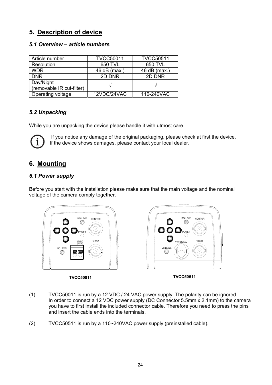 Description of device, Mounting, 1 overview – article numbers | 2 unpacking, 1 power supply | ABUS TVCC50511 User Manual | Page 24 / 82