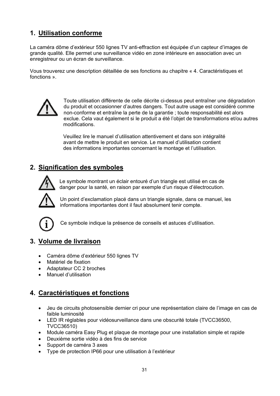 Utilisation conforme, Signification des symboles, Volume de livraison | Caractéristiques et fonctions | ABUS TVCC36510 User Manual | Page 31 / 62