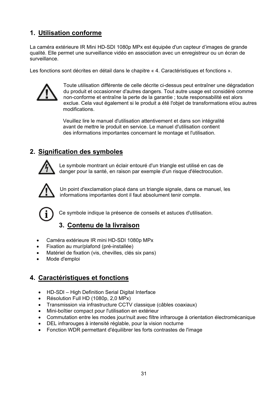 Utilisation conforme, Signification des symboles, Contenu de la livraison | Caractéristiques et fonctions | ABUS TVHD40000 User Manual | Page 31 / 74