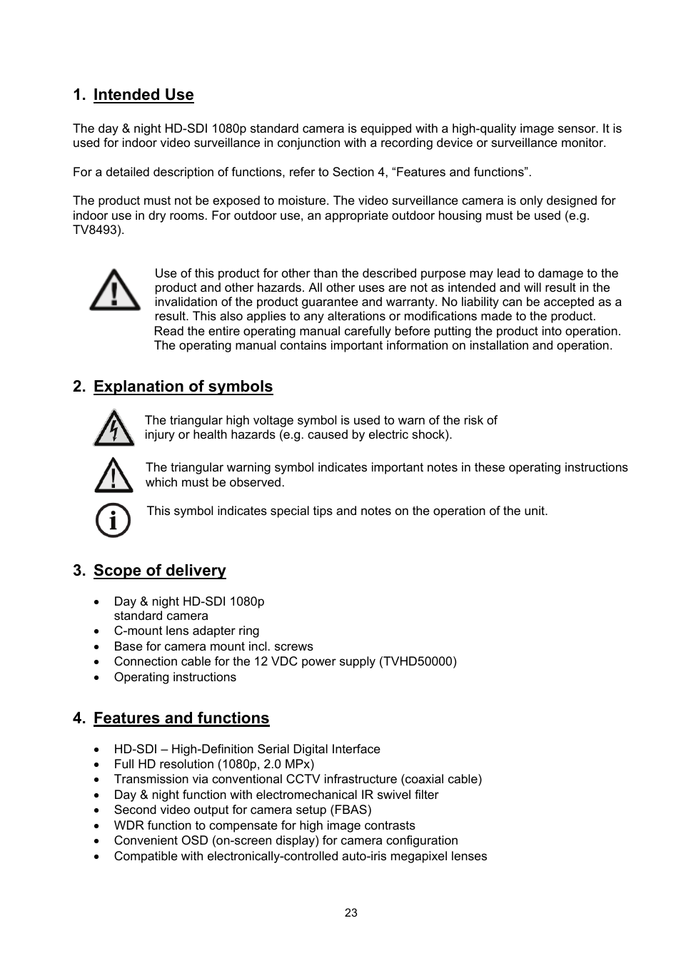 Intended use, Explanation of symbols, Scope of delivery | Features and functions | ABUS TVHD50000 User Manual | Page 23 / 100