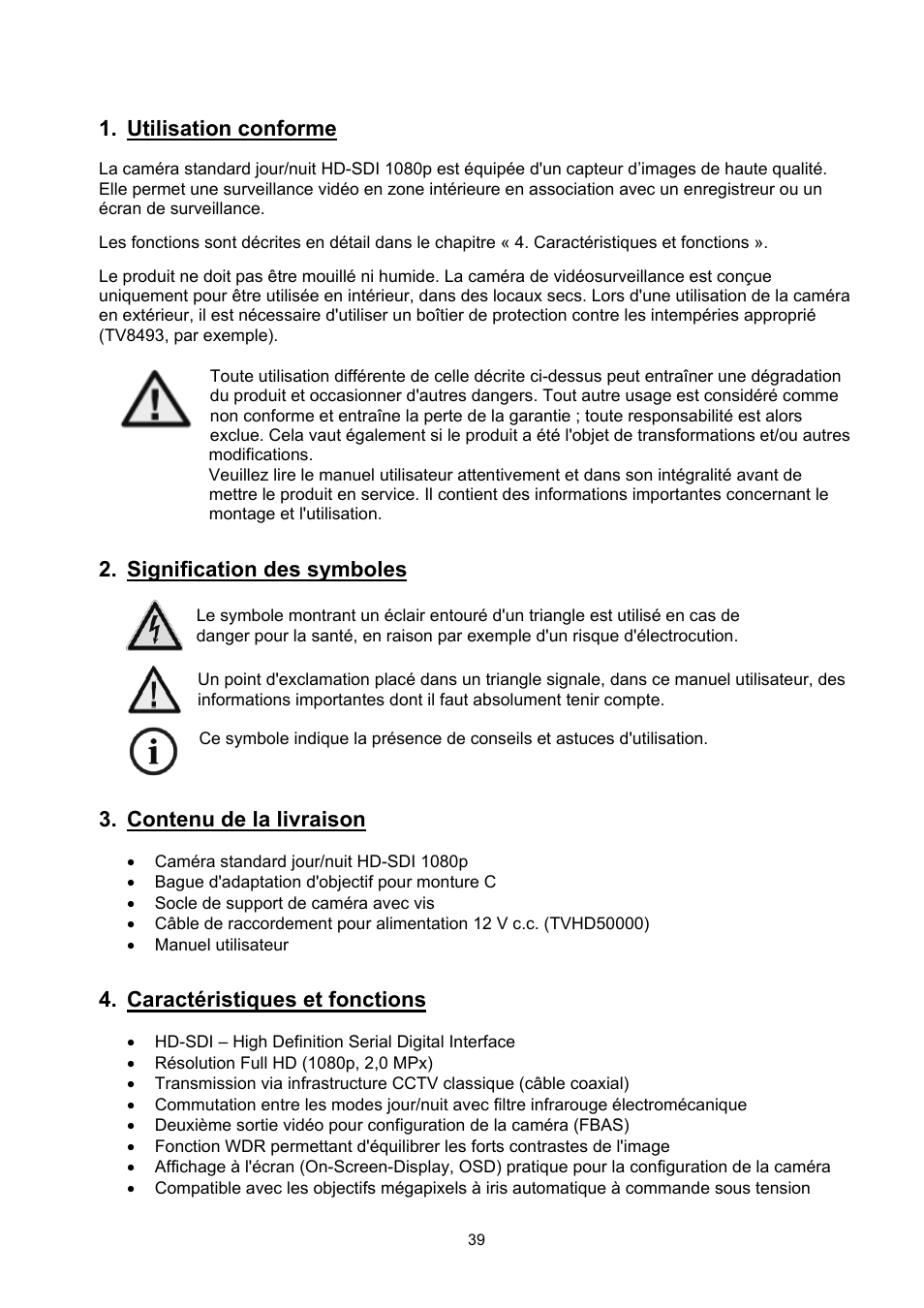 Utilisation conforme, Signification des symboles, Contenu de la livraison | Caractéristiques et fonctions | ABUS TVHD50000 User Manual | Page 39 / 100