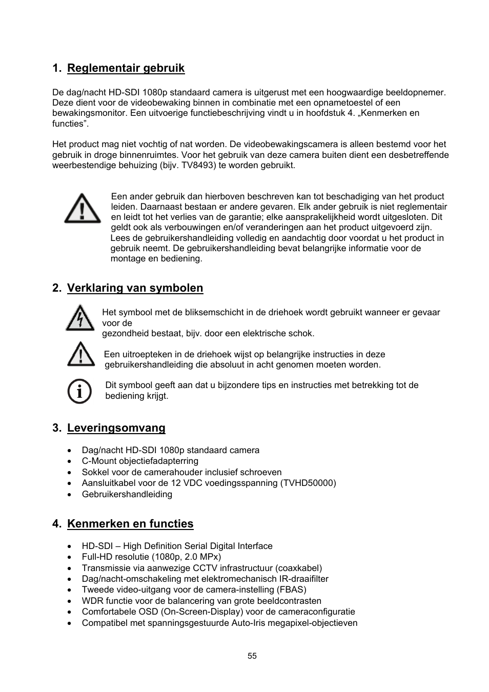 Reglementair gebruik, Verklaring van symbolen, Leveringsomvang | Kenmerken en functies | ABUS TVHD50000 User Manual | Page 55 / 100