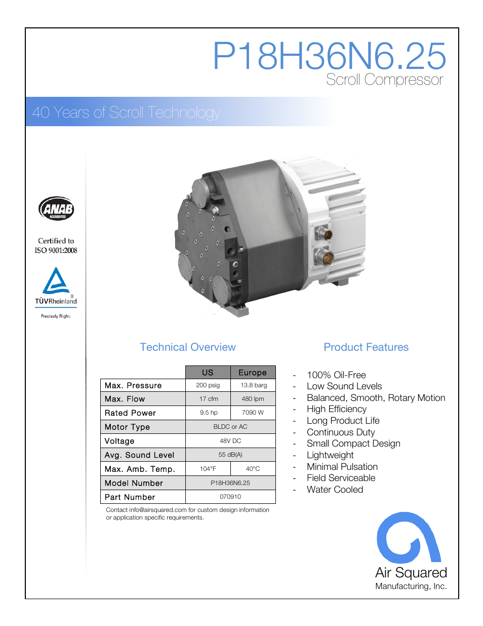 Air Squared P18H36N6.25 User Manual | 2 pages