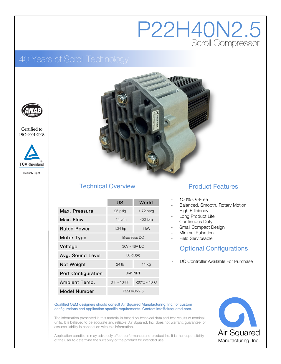 Air Squared P22H40N2.5 User Manual | 2 pages