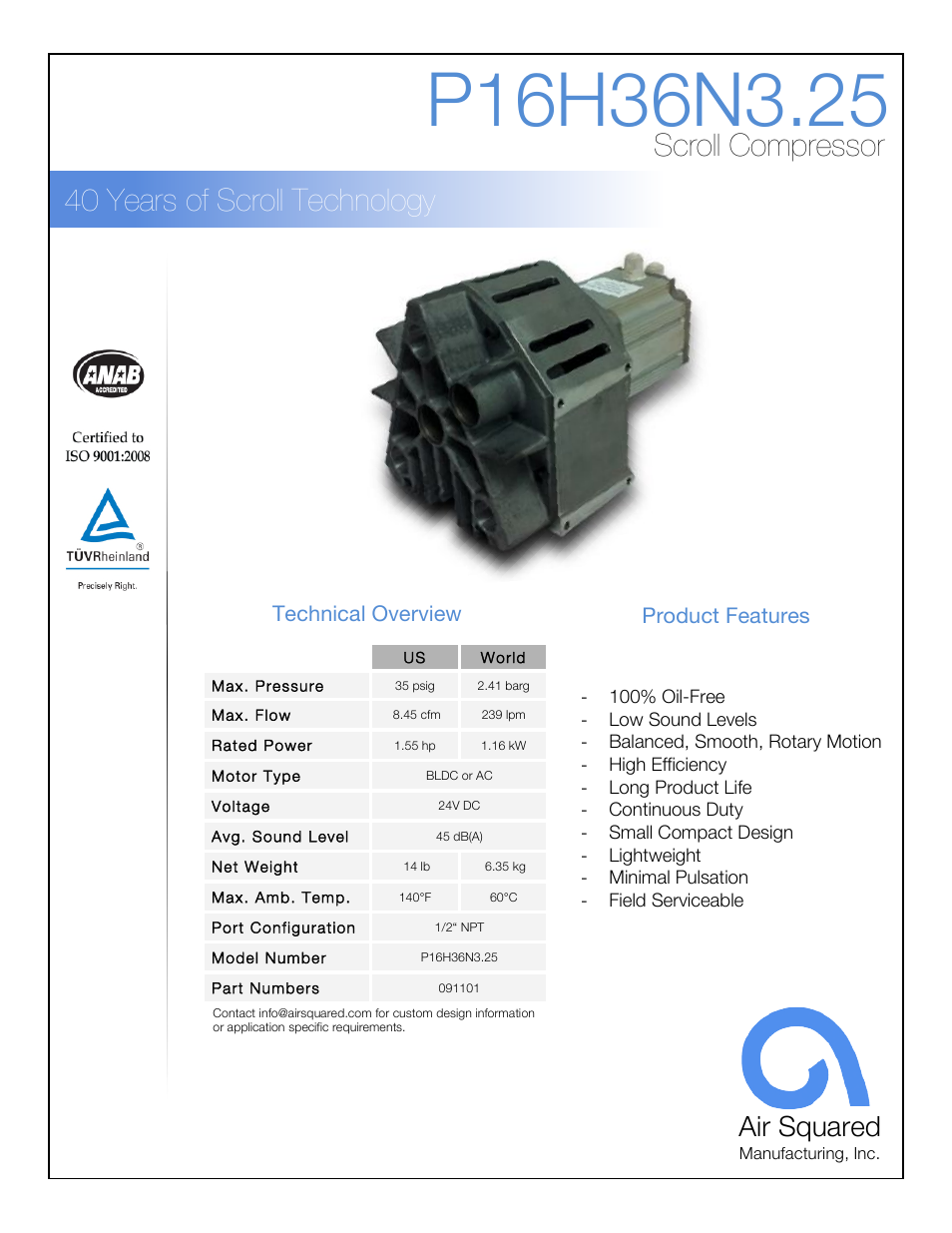 Air Squared P16H36N3.25 User Manual | 2 pages