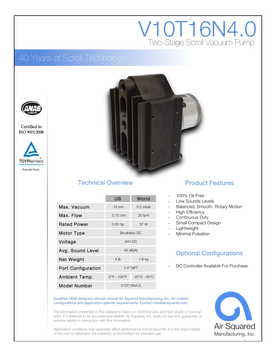 Air Squared V10T16N4.0 User Manual | 2 pages