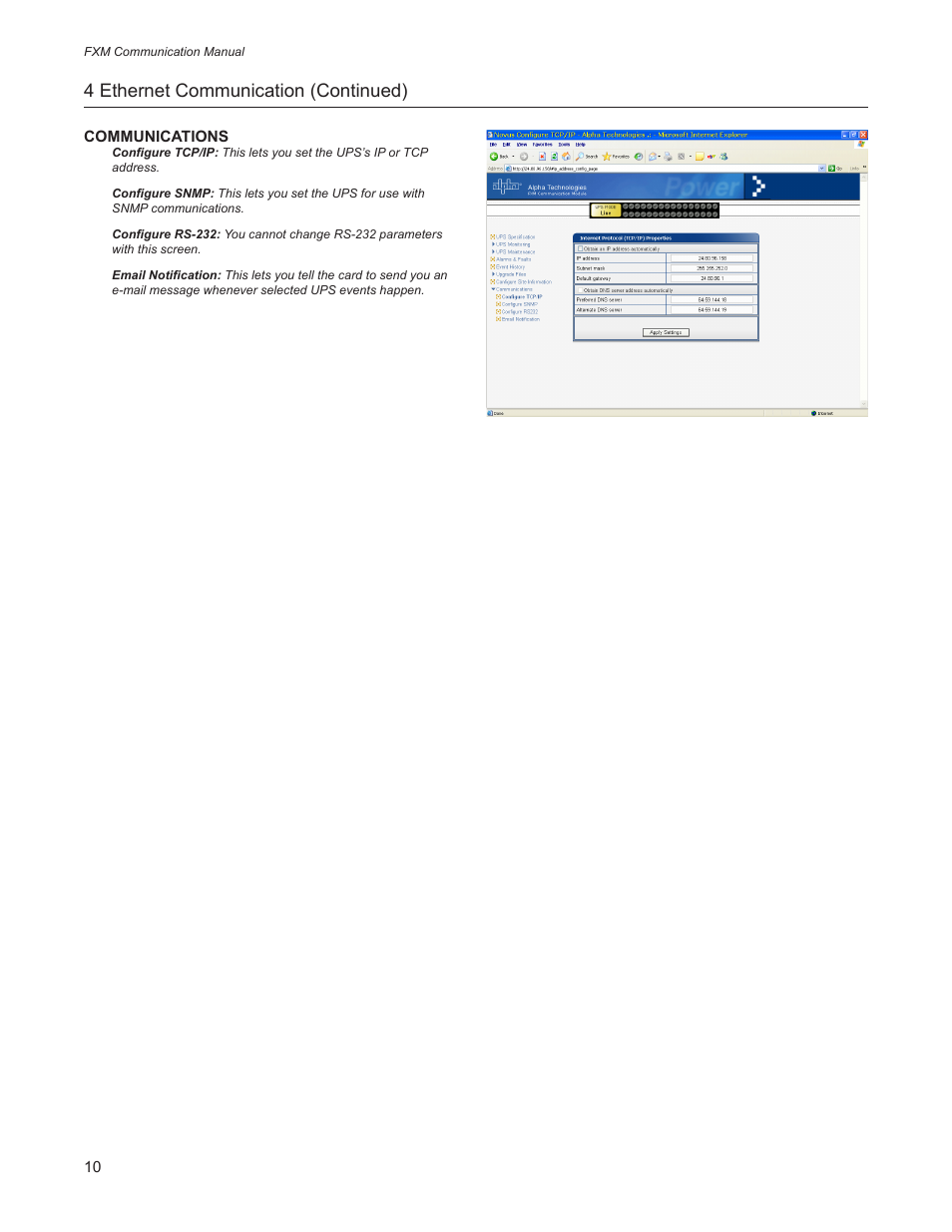 4 ethernet communication (continued) | Alpha Technologies FXM Communication User Manual | Page 12 / 16