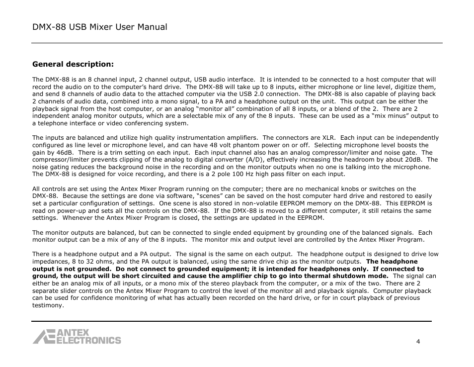 Dmx-88 usb mixer user manual | Antex Electronics DMX-88 USB Recording Mixer User Manual | Page 4 / 26