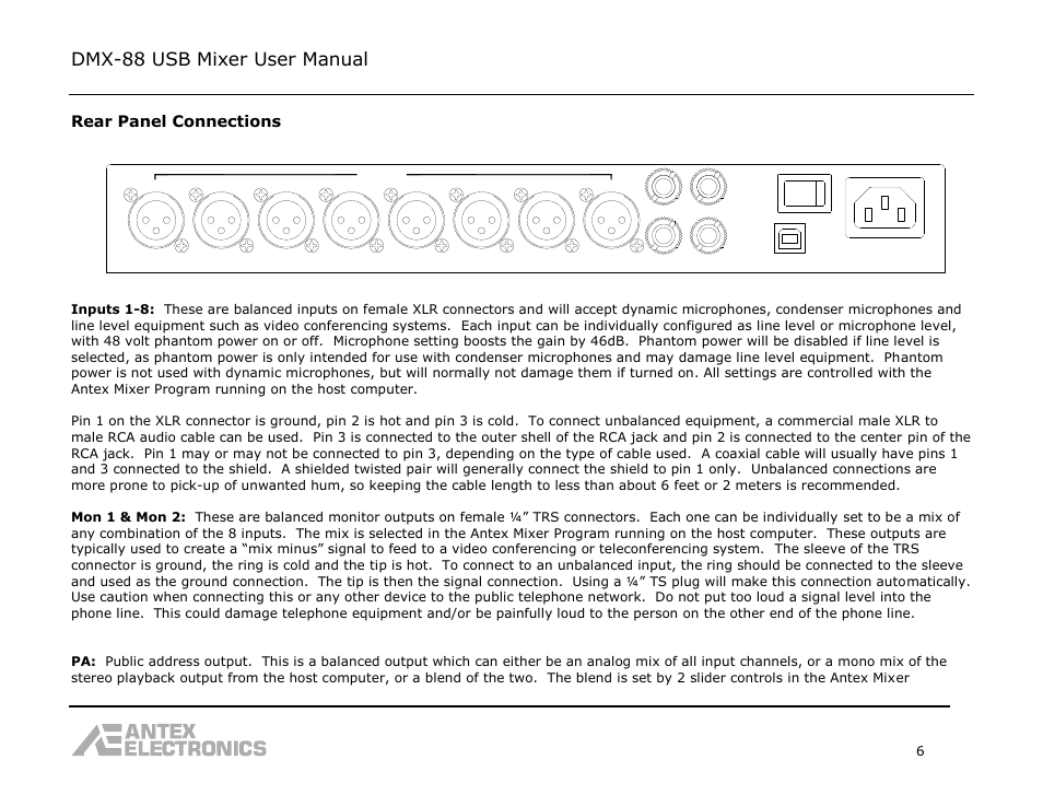 Dmx-88 usb mixer user manual | Antex Electronics DMX-88 USB Recording Mixer User Manual | Page 6 / 26