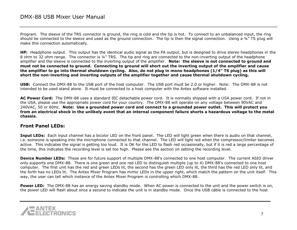 Dmx-88 usb mixer user manual | Antex Electronics DMX-88 USB Recording Mixer User Manual | Page 7 / 26