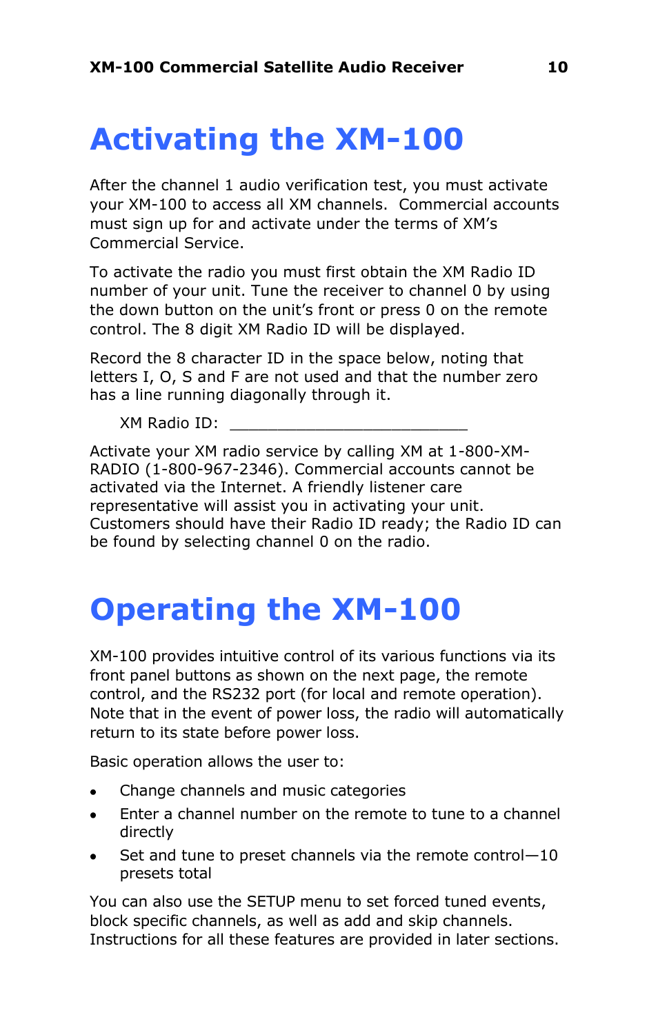 Activating the xm-100, Operating the xm-100 | Antex Electronics XM-100 Commercial XM Satellite Radio User Manual | Page 10 / 27