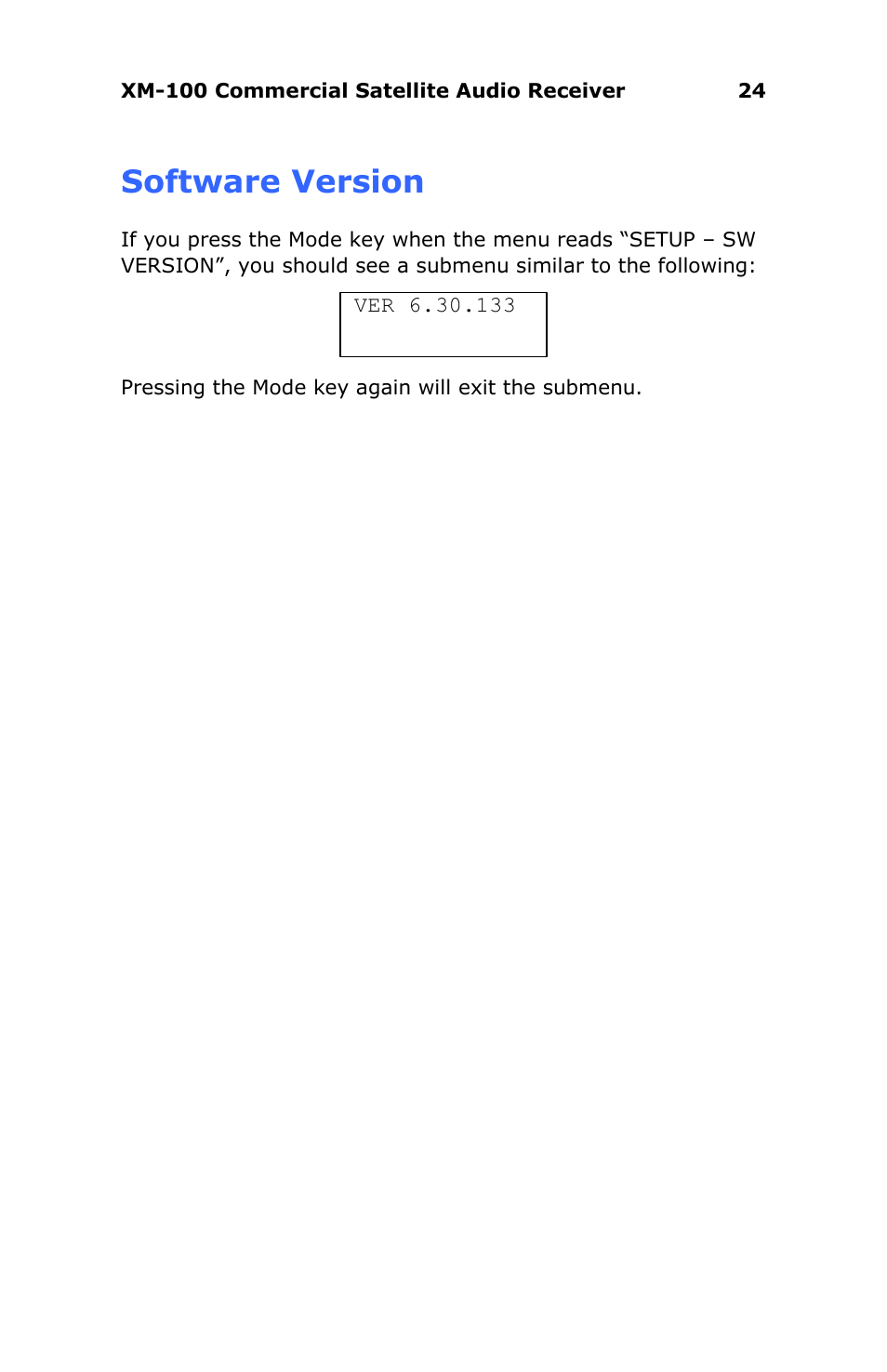 Software version | Antex Electronics XM-100 Commercial XM Satellite Radio User Manual | Page 24 / 27