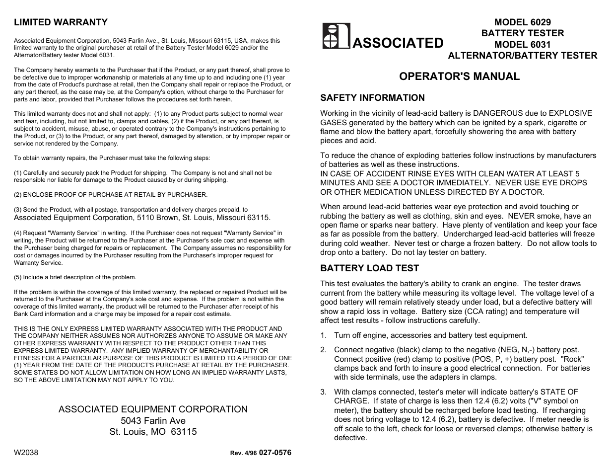 Associated Equipment 6031 User Manual | 3 pages