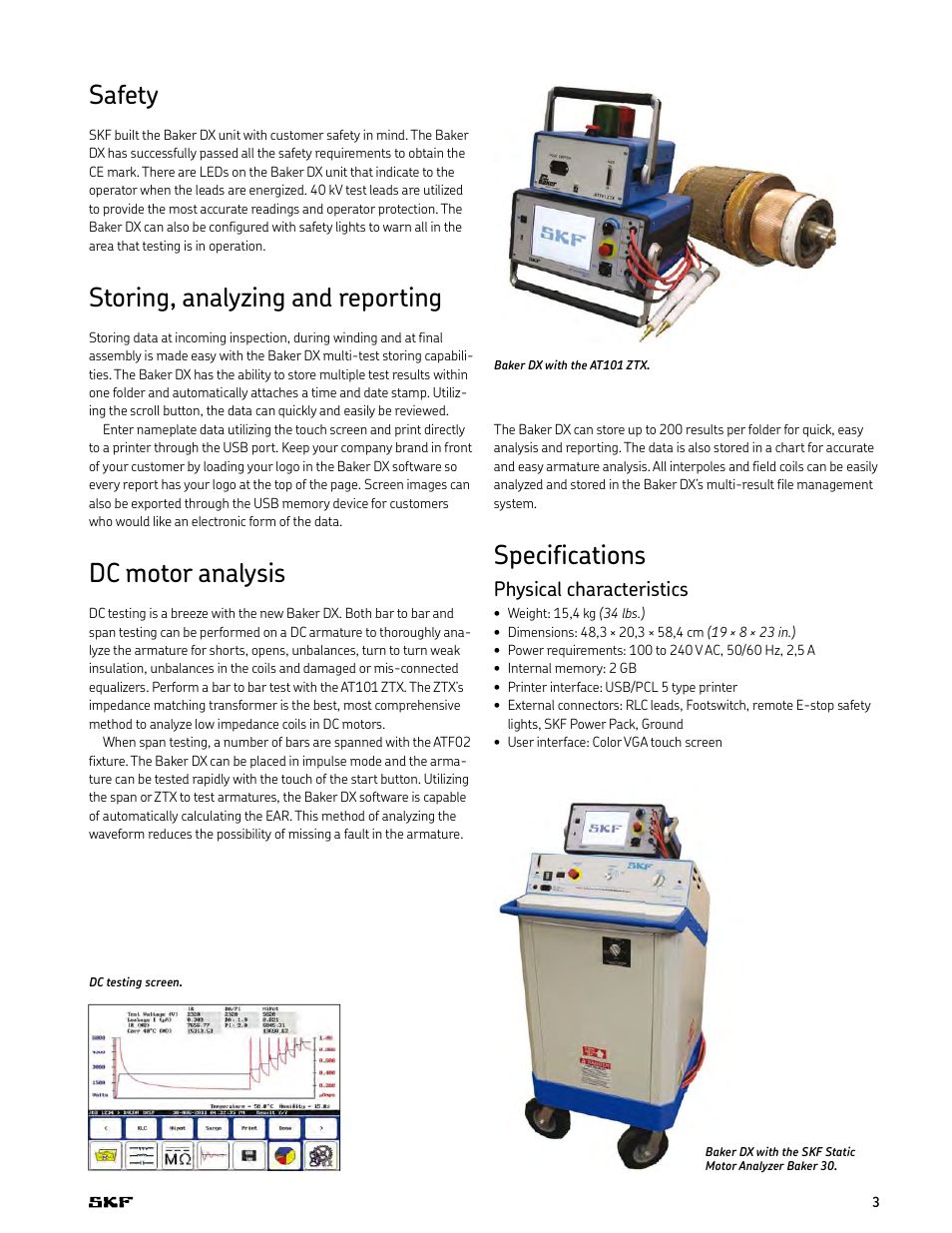 Specifications, Safety, Storing, analyzing and reporting | Dc motor analysis, Physical characteristics | Atec Baker-DX Series User Manual | Page 3 / 4