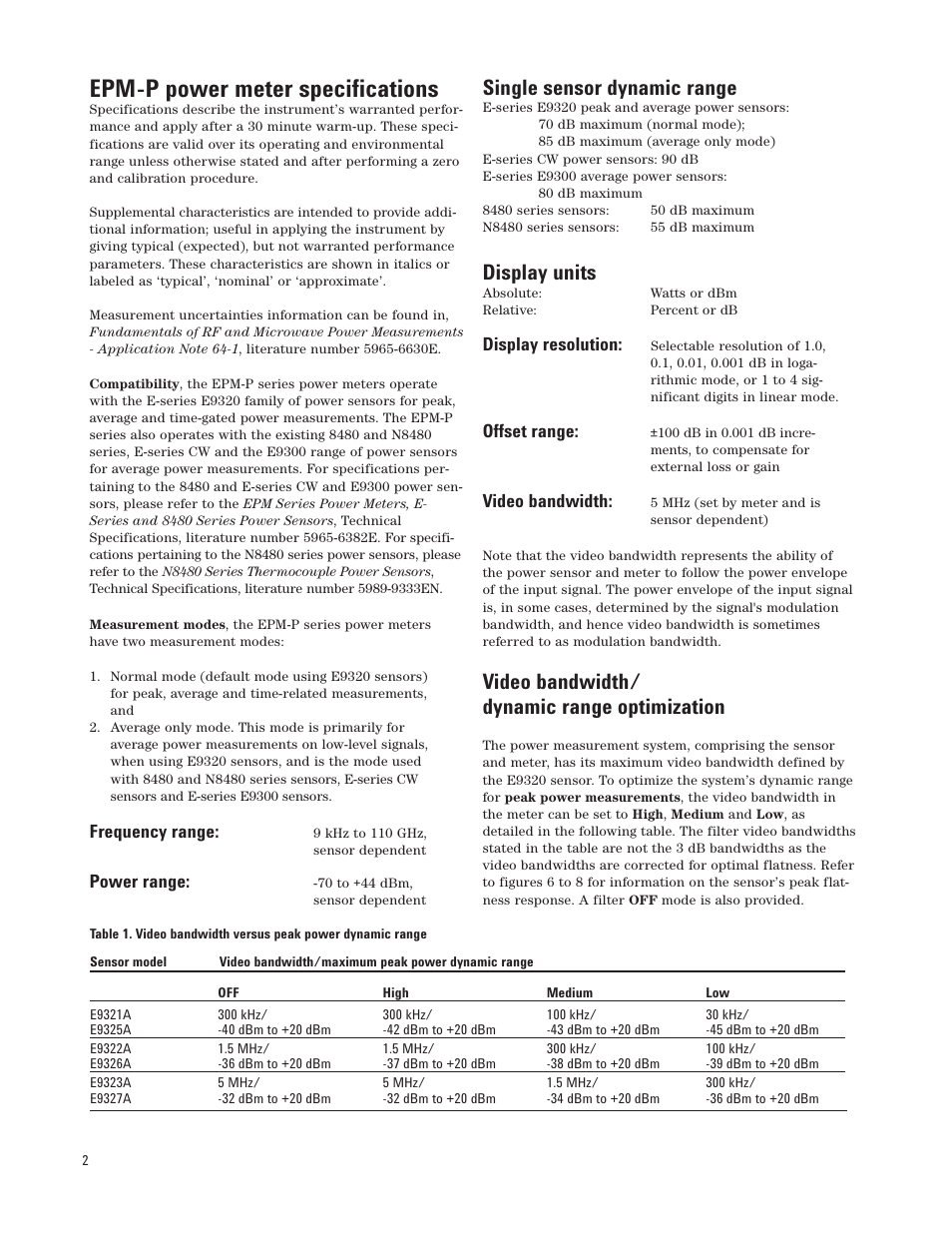 Epm-p power meter specifications, Single sensor dynamic range, Display units | Video bandwidth/ dynamic range optimization | Atec Agilent-E9320 Series User Manual | Page 2 / 13