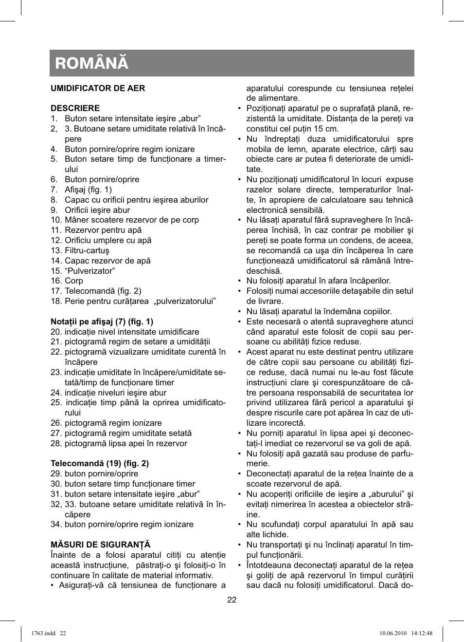 Română | Vitek VT-1763 User Manual | Page 22 / 44