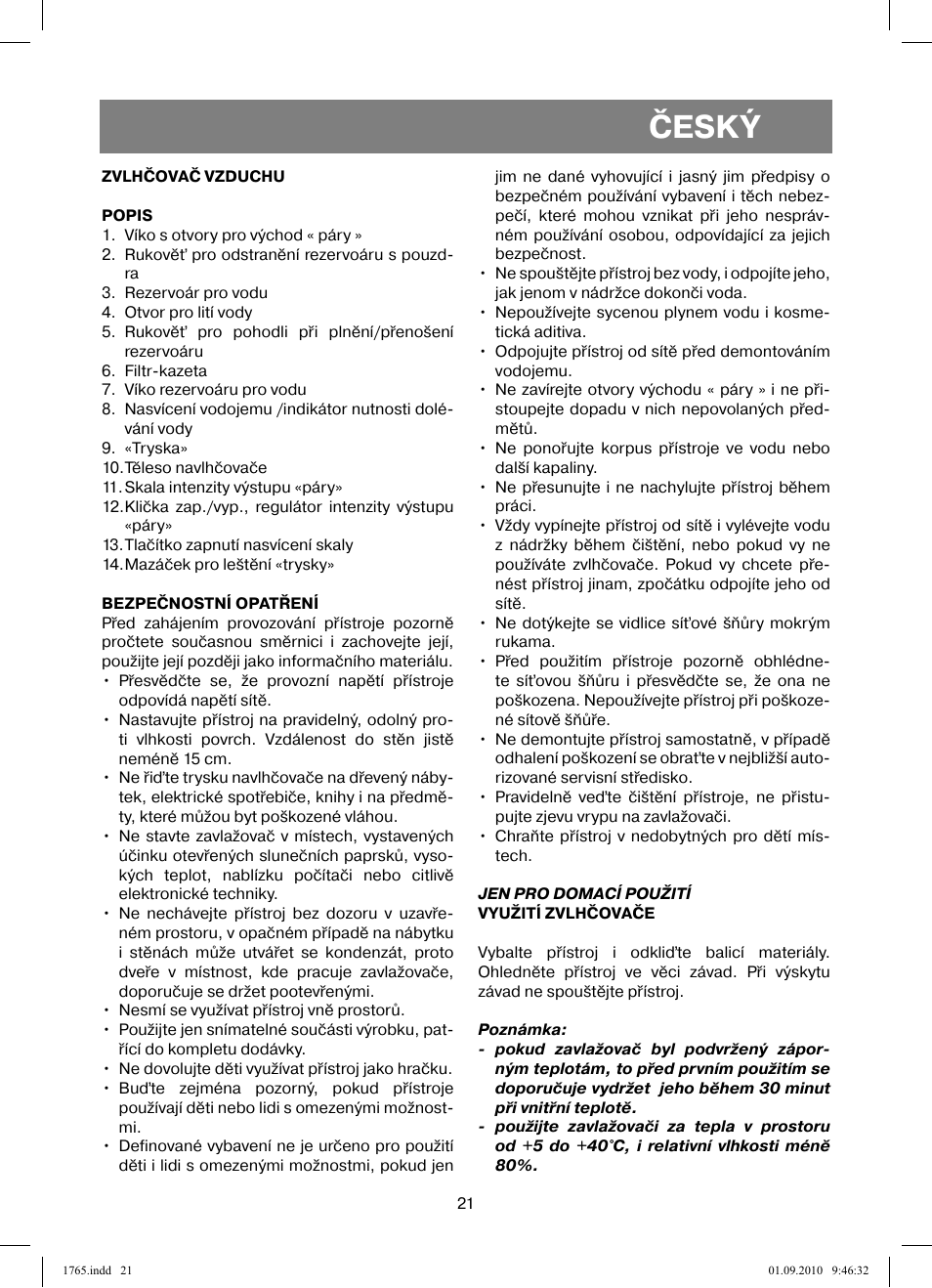 Český | Vitek VT-1765 User Manual | Page 21 / 36