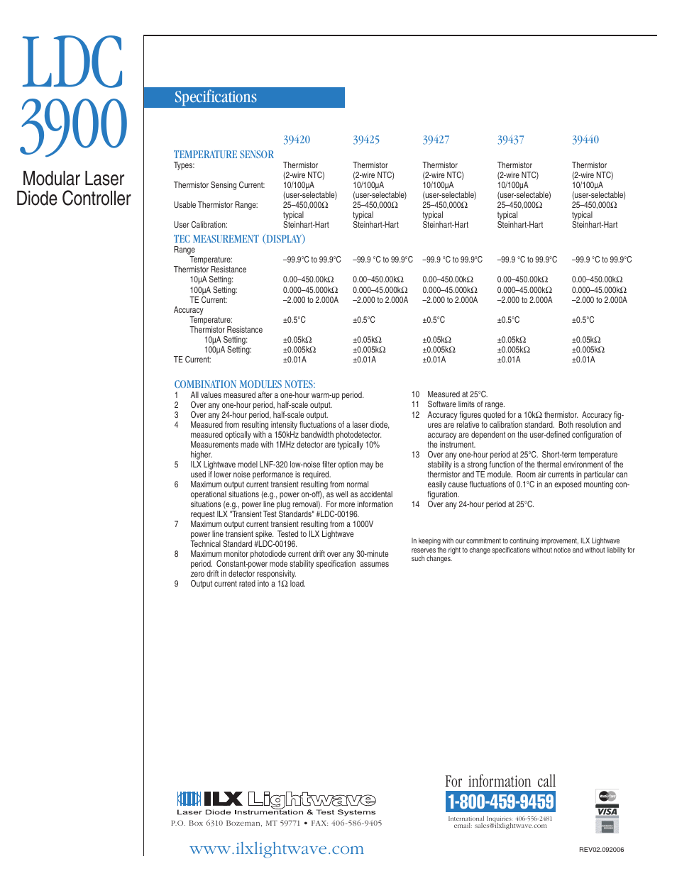 Modular laser diode controller, For information call, Specifications | Atec ILX-Lightwave-ldc-3900 User Manual | Page 6 / 6