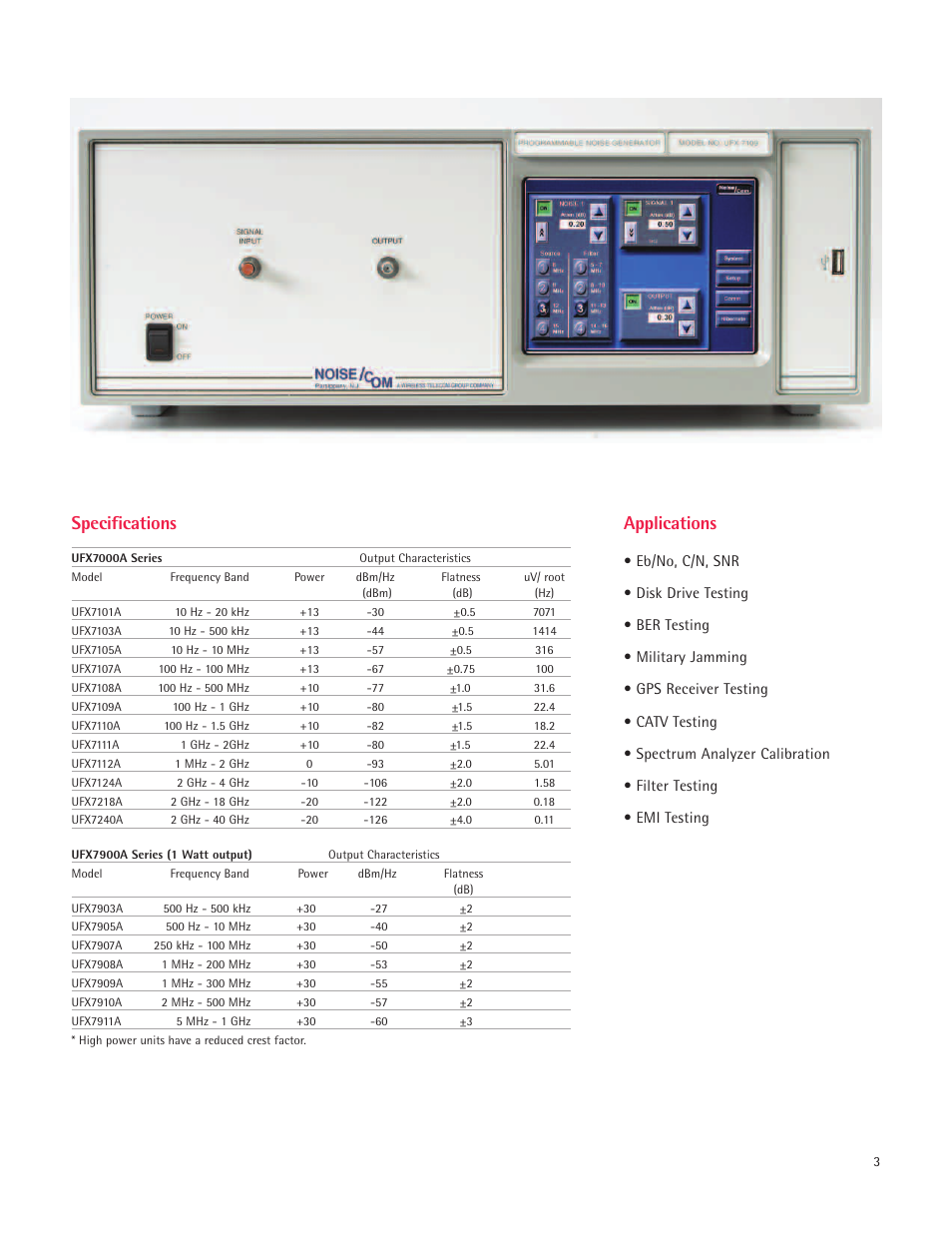 Applications, Specifications | Atec Noise-Com-UFX7000 Series User Manual | Page 3 / 4