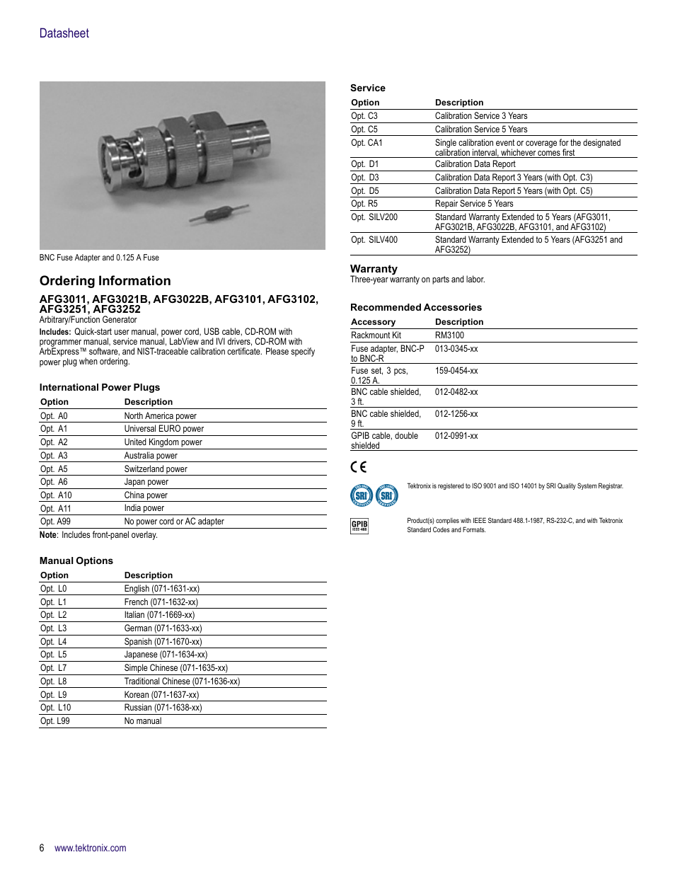 Ordering information, Warranty, Datasheet | Atec Tektronix_AFG3000_Series_Arbitrary-Function_Generators User Manual | Page 6 / 8
