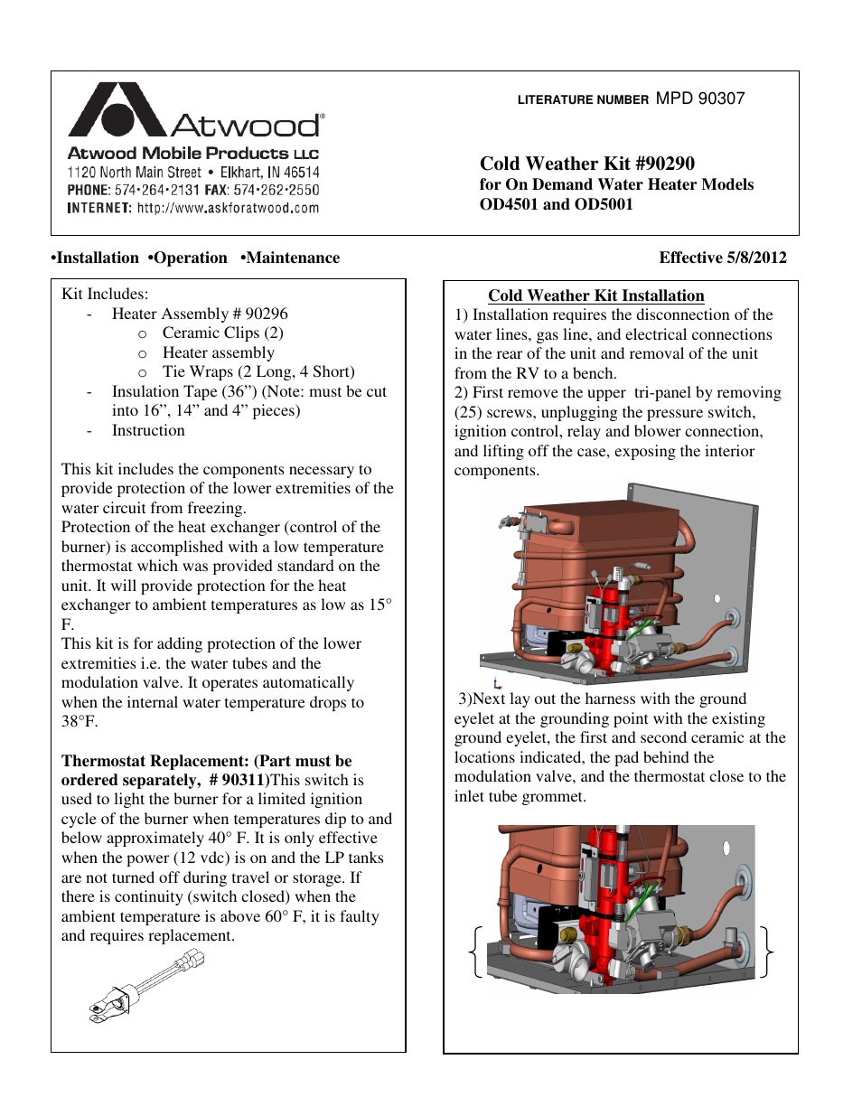 atwood OD4501, OD5001 On-Demand Water Heaters Cold Weather Kit 90290 User Manual | 2 pages