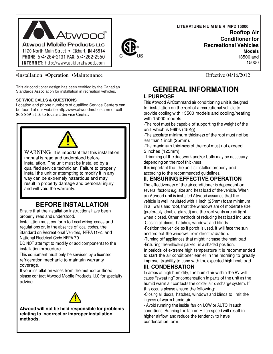atwood Air Conditioners (13500, 15000) User Manual | 14 pages