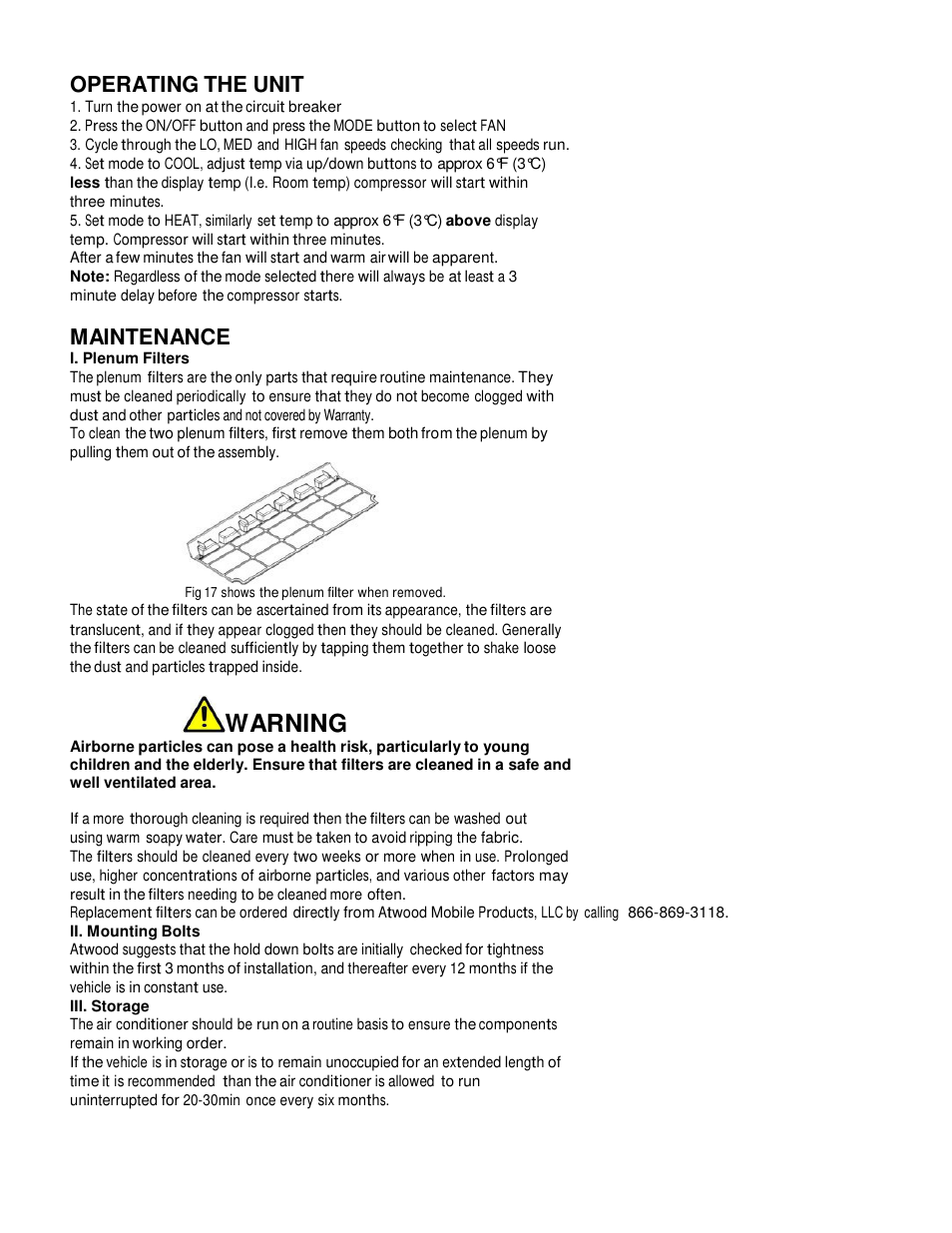 Warning, Operating the unit, Maintenance | atwood Air Conditioners (13500, 15000) User Manual | Page 10 / 14