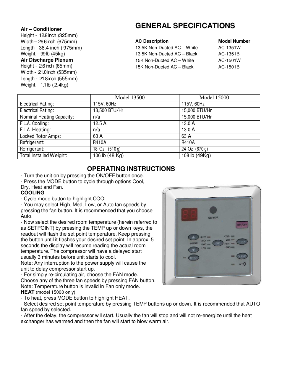 General specifications, Operating instructions | atwood Air Conditioners (13500, 15000) User Manual | Page 11 / 14