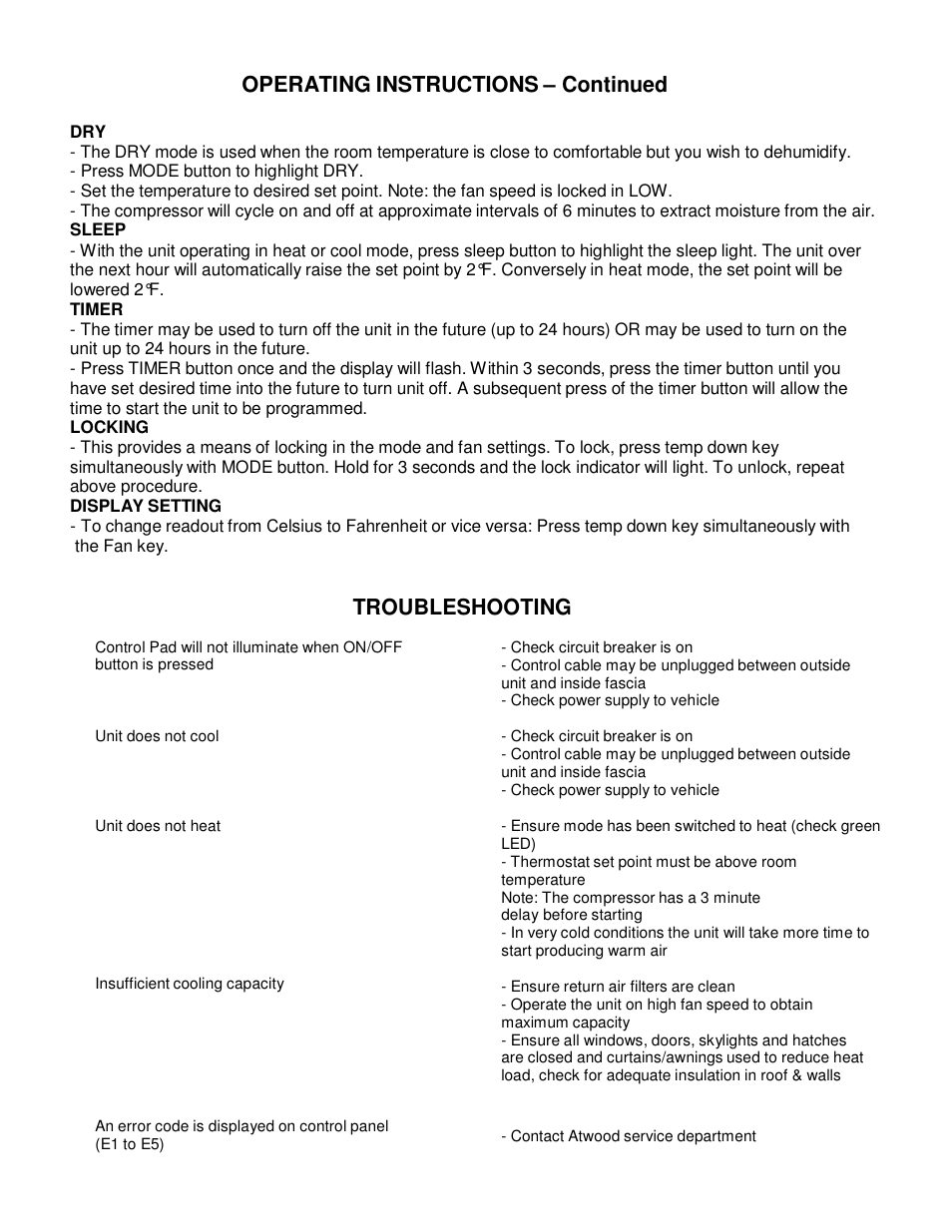 Operating instructions – continued, Troubleshooting | atwood Air Conditioners (13500, 15000) User Manual | Page 12 / 14