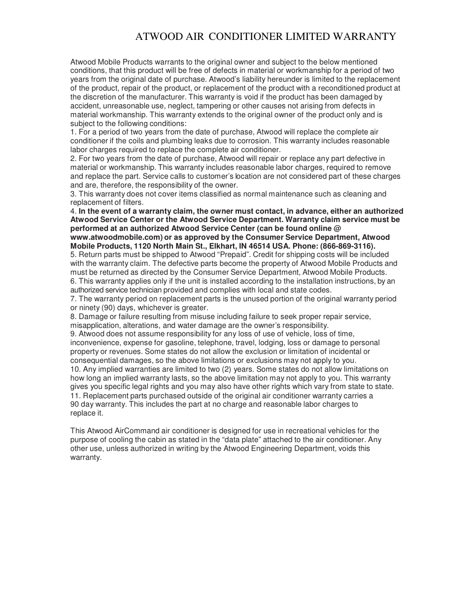 Atwood air conditioner limited warranty | atwood Air Conditioners (13500, 15000) User Manual | Page 13 / 14
