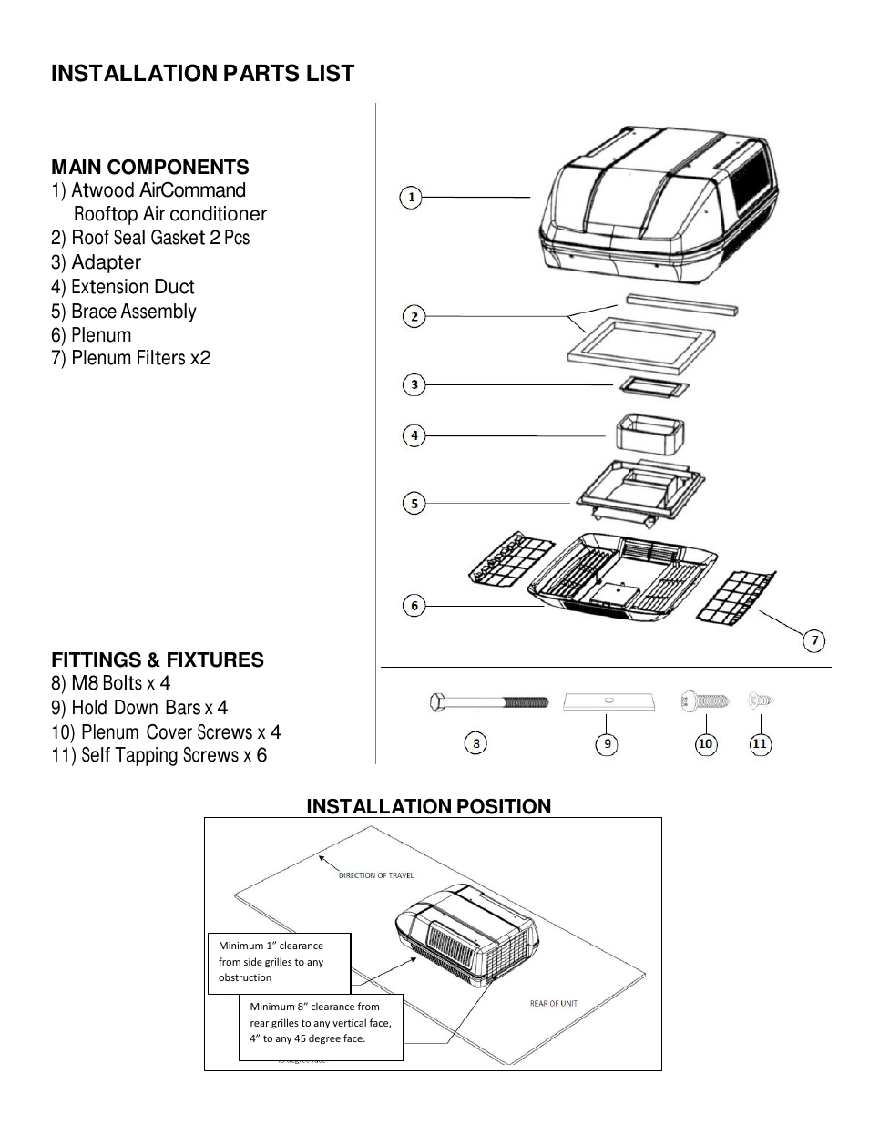 Installation parts list, Installation position | atwood Air Conditioners (13500, 15000) User Manual | Page 2 / 14