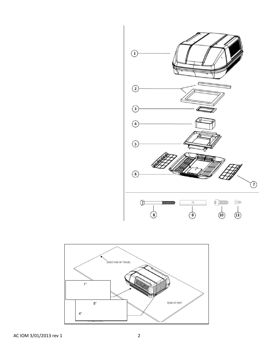Installation parts list, Installation position | atwood Air Conditioners (non-ducted AC-1351, AC-1501) User Manual | Page 2 / 18