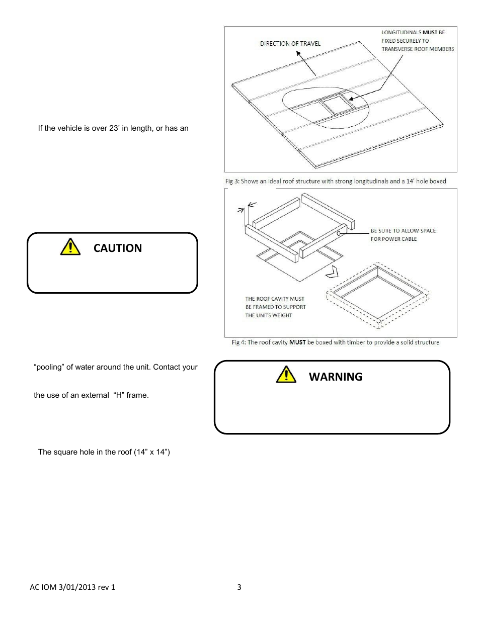 Caution warning, Assess roof strength, Position unit on roof | atwood Air Conditioners (non-ducted AC-1351, AC-1501) User Manual | Page 3 / 18