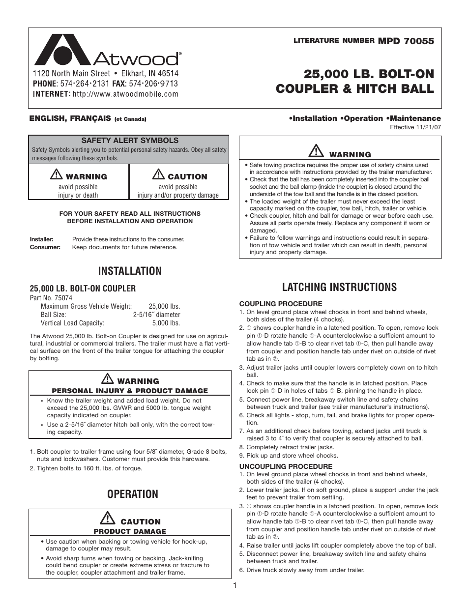 atwood 25,000 lb. Bolt-on Coupler and Hitch Ball User Manual | 2 pages