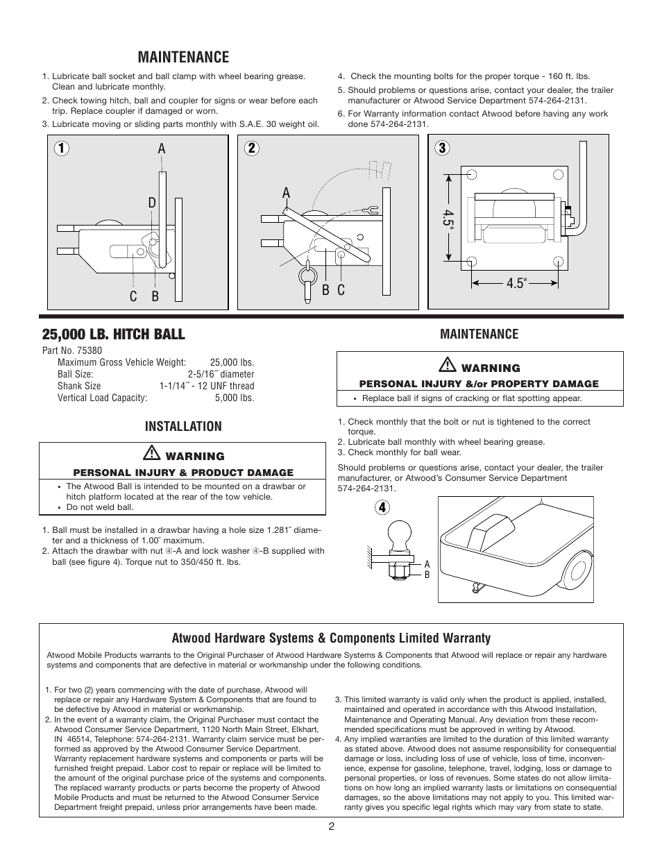 Maintenance, Ab c, 12 3 a b c d | Installation | atwood 25,000 lb. Bolt-on Coupler and Hitch Ball User Manual | Page 2 / 2