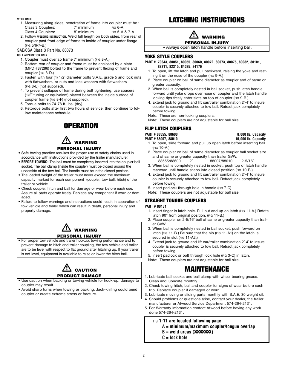 Operation, Latching instructions, Maintenance | Yoke style couplers, Flip latch couplers, Straight tongue couplers | atwood Straight Tongue Couplers User Manual | Page 2 / 4