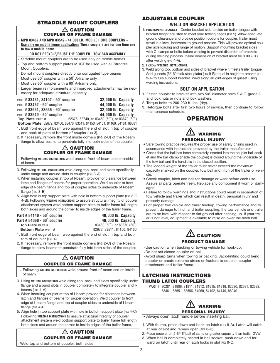 Operation, Straddle mount couplers, Adjustable coupler | Latching instructions | atwood Specialty Couplers User Manual | Page 2 / 4