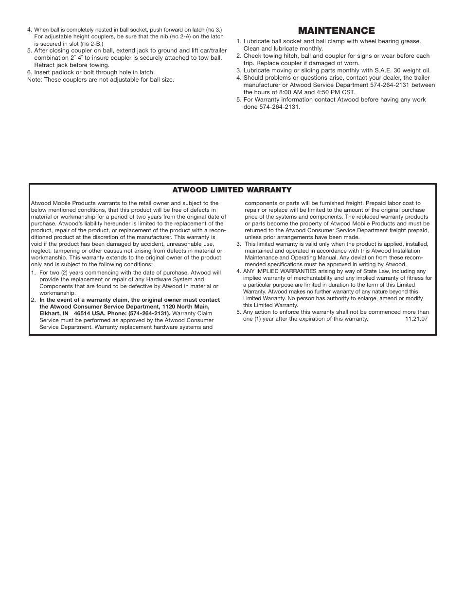 Maintenance, Atwood limited warranty | atwood Specialty Couplers User Manual | Page 3 / 4