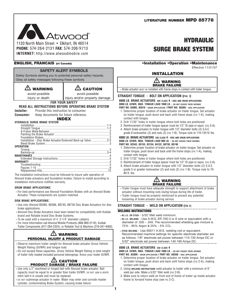 atwood Hydraulic Brake Surges User Manual | 7 pages